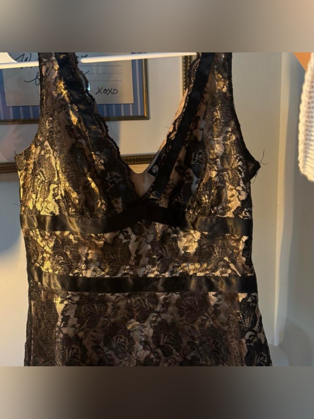 Black Lace V-Neck Chemise with Satin Waistbands